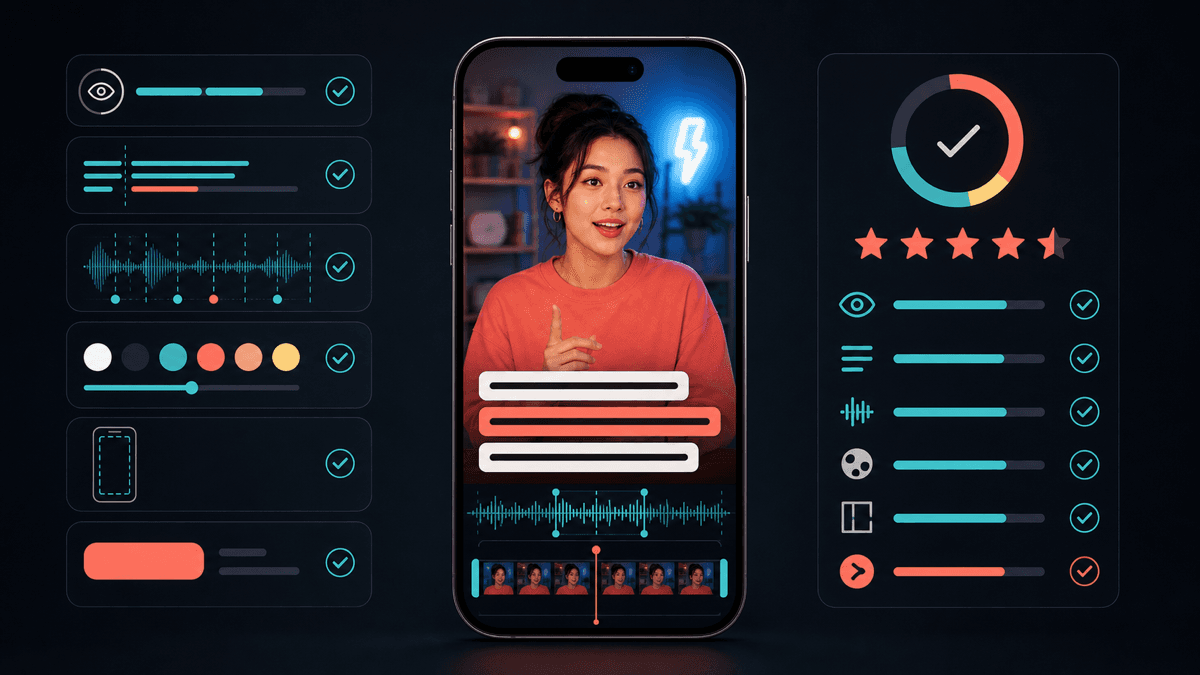 Generated caption quality scorecard visual with a vertical video preview, caption bars, waveform timing, contrast checks, safe-area placement, and review indicators
