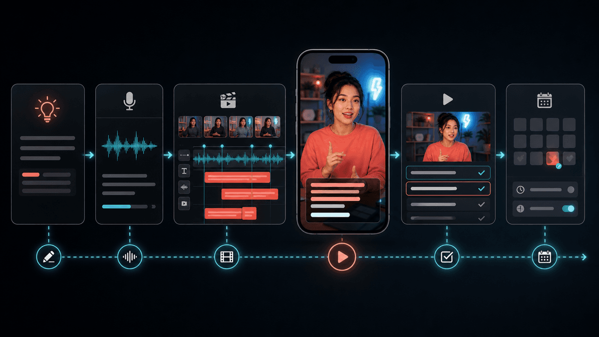Generated SwipeStory workflow visual showing an idea moving into voiceover, vertical scenes, synced captions, edit review, and scheduled publishing