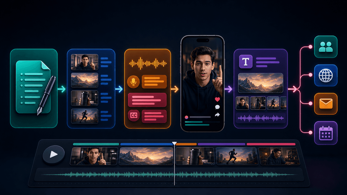 SwipeStory workflow visual showing a script becoming a vertical Reel with scenes, voiceover, captions, editing, and scheduled publishing
