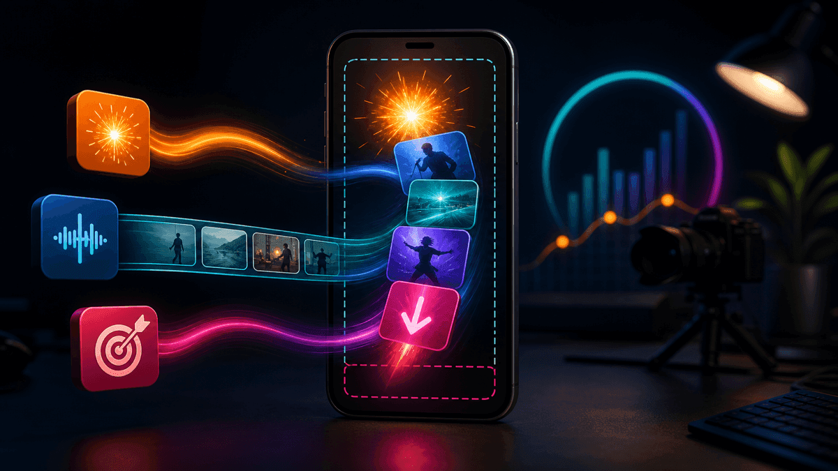 Source-backed visual showing TikTok-first AI Shorts structure with hook, body, close, vertical framing, and caption-safe space