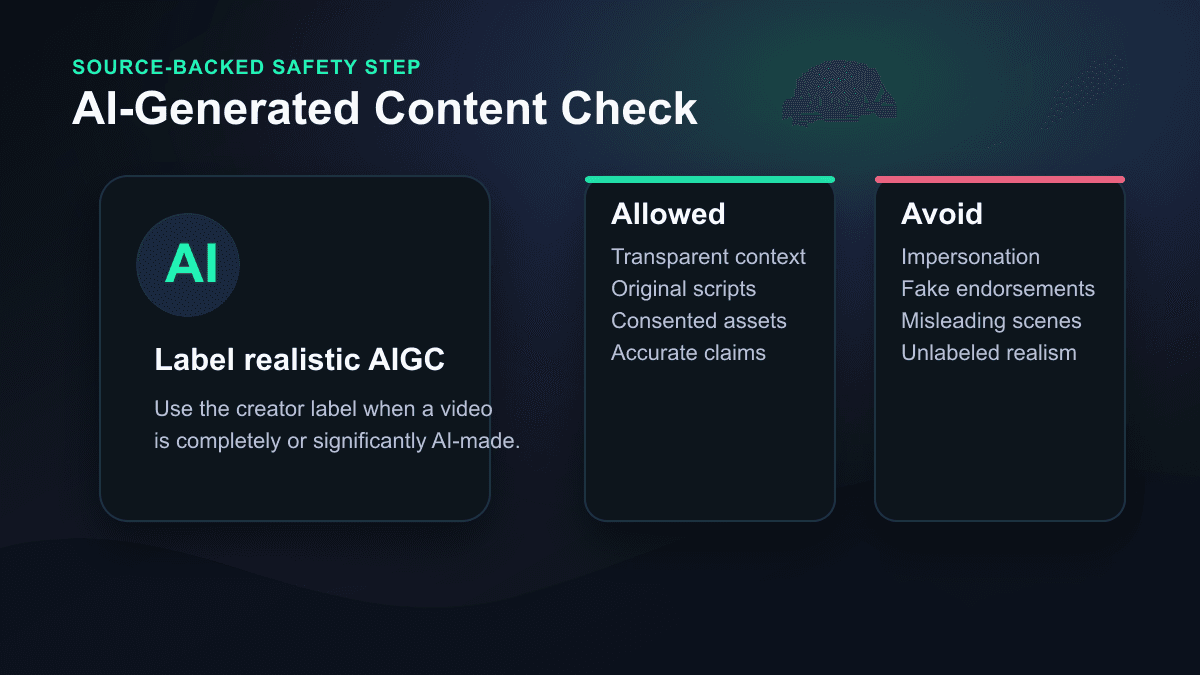 Source-backed visual showing AI-generated content labeling and safety checks for realistic TikTok videos