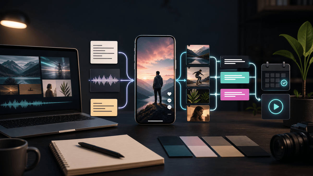 Generated editorial image showing an AI TikTok video generator workflow from script to voiceover, captions, visuals, and scheduled publishing