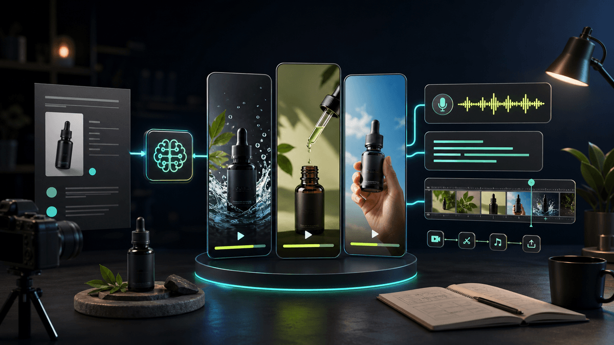Generated editorial image showing an AI UGC ads video generator workflow from product brief to voiceover, captions, editing, and scheduled vertical ads