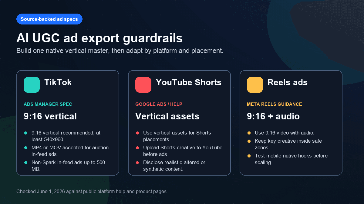 Source-backed visual summarizing TikTok, YouTube Shorts, and Reels export guardrails for AI UGC ads