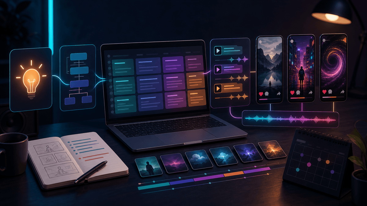 Generated editorial image showing an AI video script generator workflow from idea to hook, storyboard, voiceover, captions, and short-form video drafts
