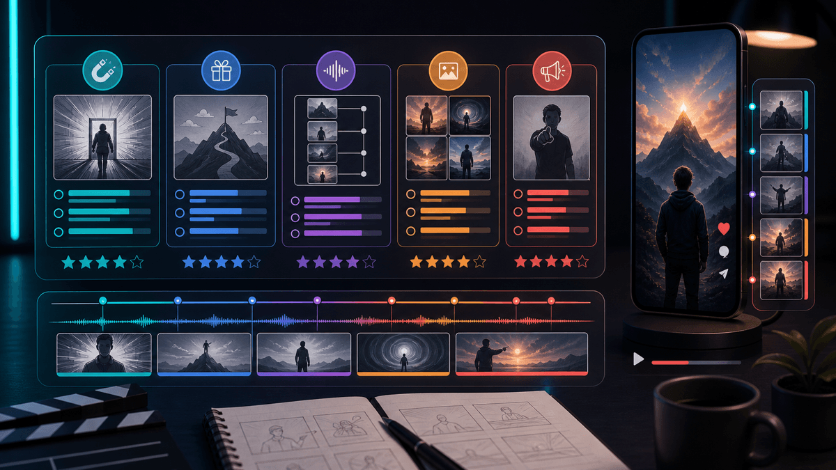 Generated visual showing a short video script scorecard with hook, promise, beats, visual direction, caption rhythm, and CTA review areas