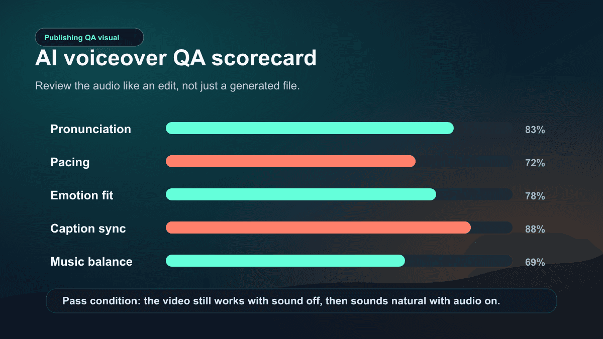 Voiceover quality scorecard visual for pronunciation, pacing, emotion fit, caption sync, and music balance before publishing