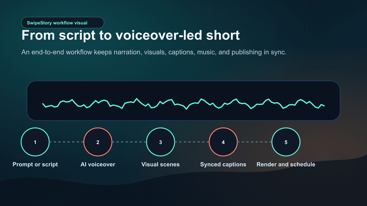 SwipeStory workflow visual showing a script becoming AI voiceover, visual scenes, synced captions, rendering, and scheduled publishing