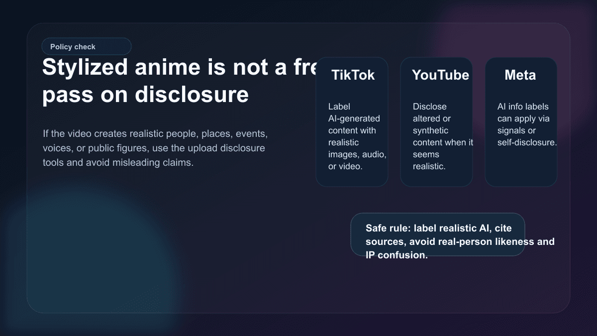 Source-backed visual summarizing AI disclosure checks for TikTok, YouTube, and Meta when publishing anime AI videos