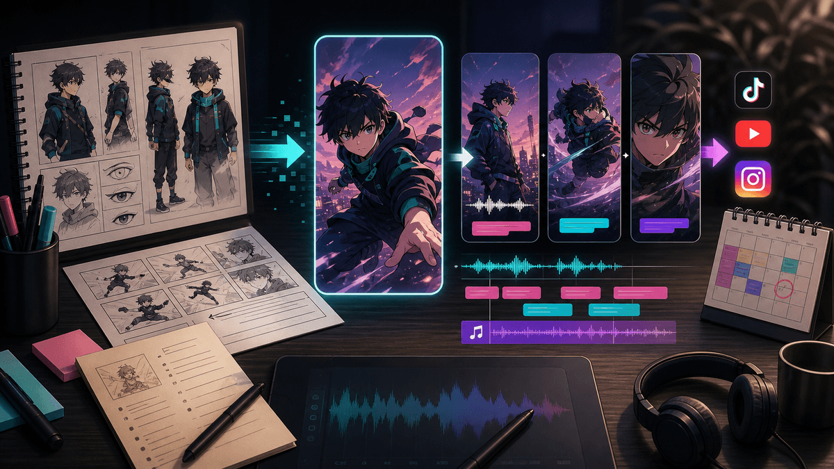 Generated editorial image showing an AI anime video workflow with storyboard frames, voiceover, captions, and scheduled short-form publishing