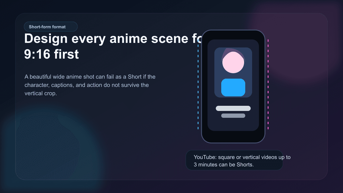 Source-backed visual showing a 9:16 anime video frame with caption-safe space and current YouTube Shorts length guidance