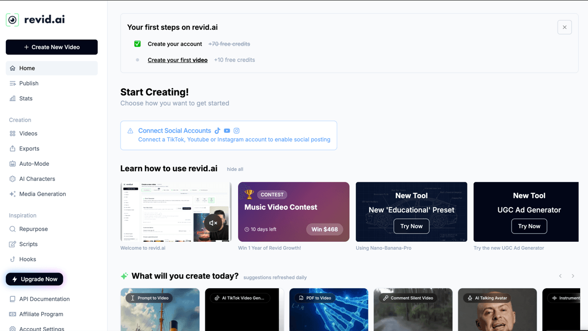 Revid.ai pricing page showing AI video plans, tools, credits, and publishing features