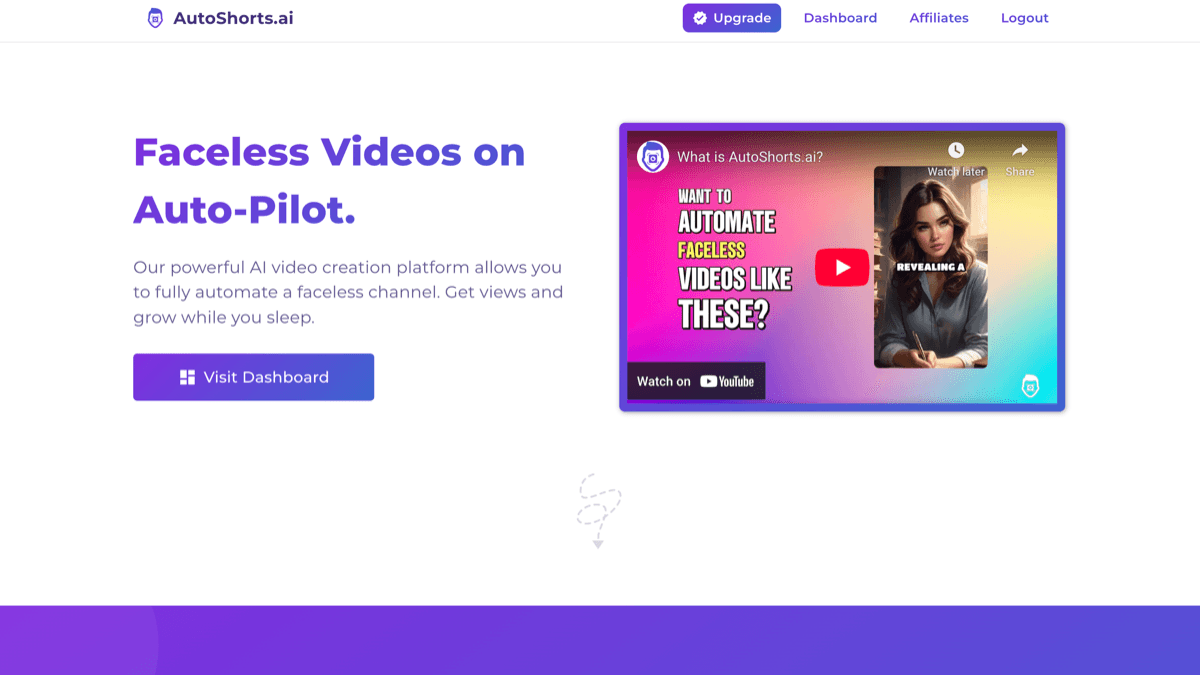 AutoShorts homepage showing AI clipping and vertical short generation from long-form video