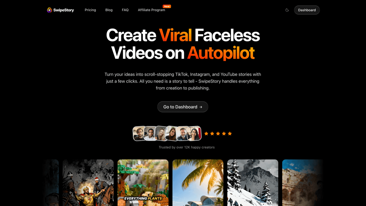 SwipeStory pricing page showing plans, credits, and automated posting workflow for faceless short-form videos