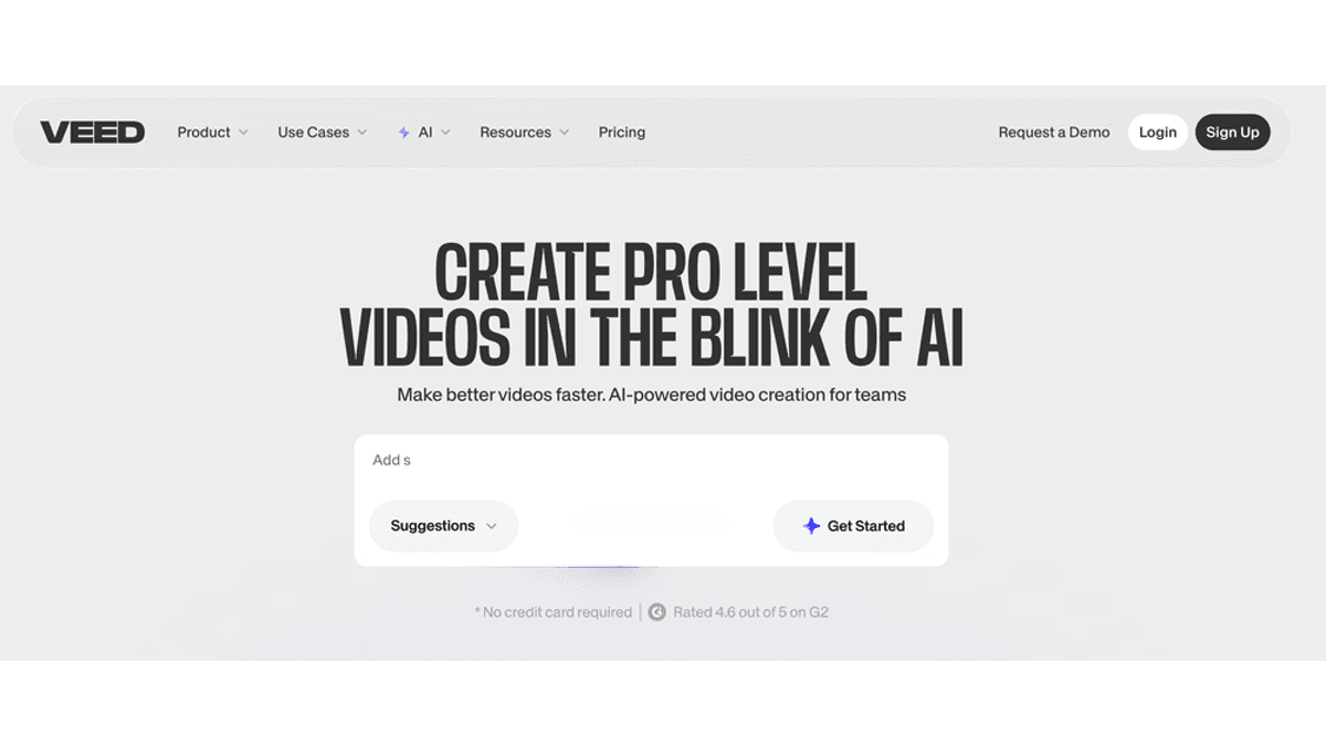 VEED homepage screenshot showing its AI video creation and editor positioning