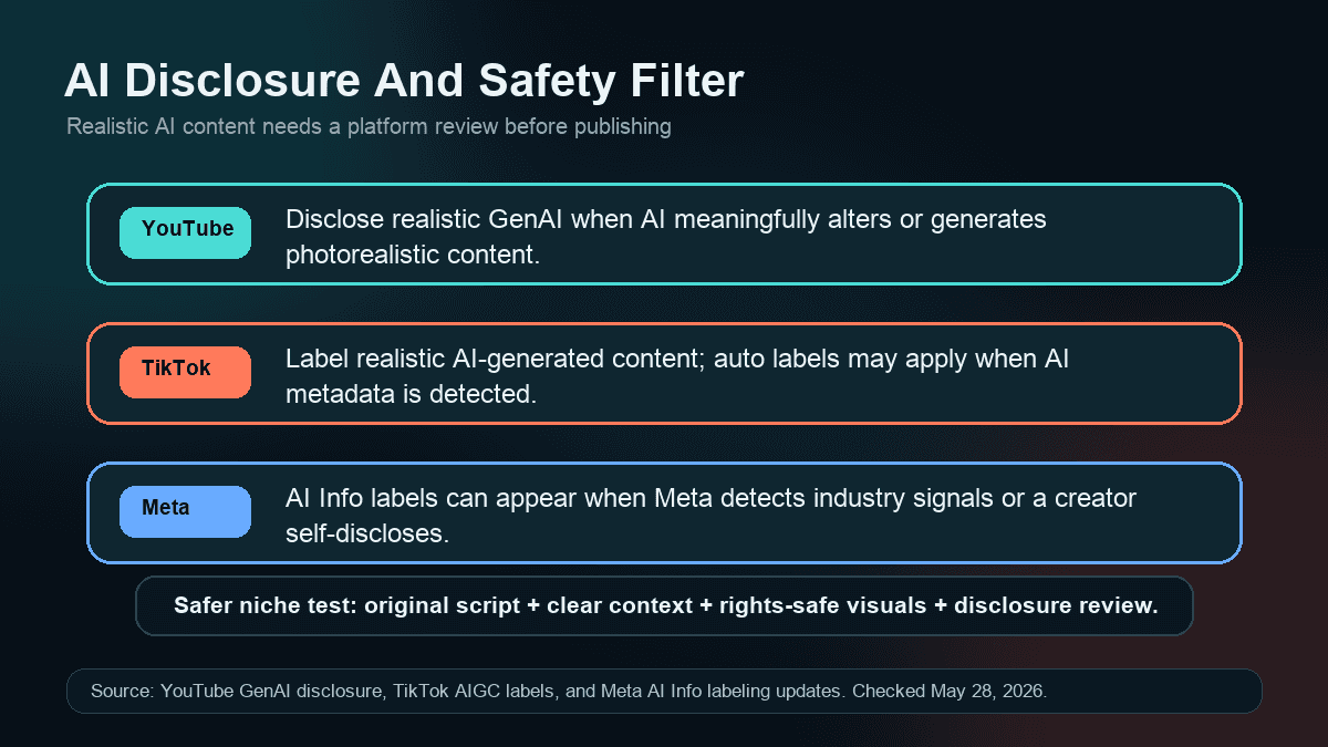 Source-backed visual summarizing AI disclosure guidance from YouTube, TikTok, and Meta for realistic AI-generated faceless videos