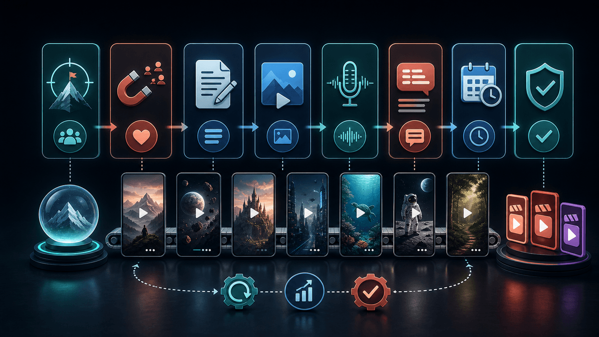 Generated editorial workflow image showing a faceless video niche turning into scripts, visuals, voiceover, captions, review, scheduling, and multi-platform publishing