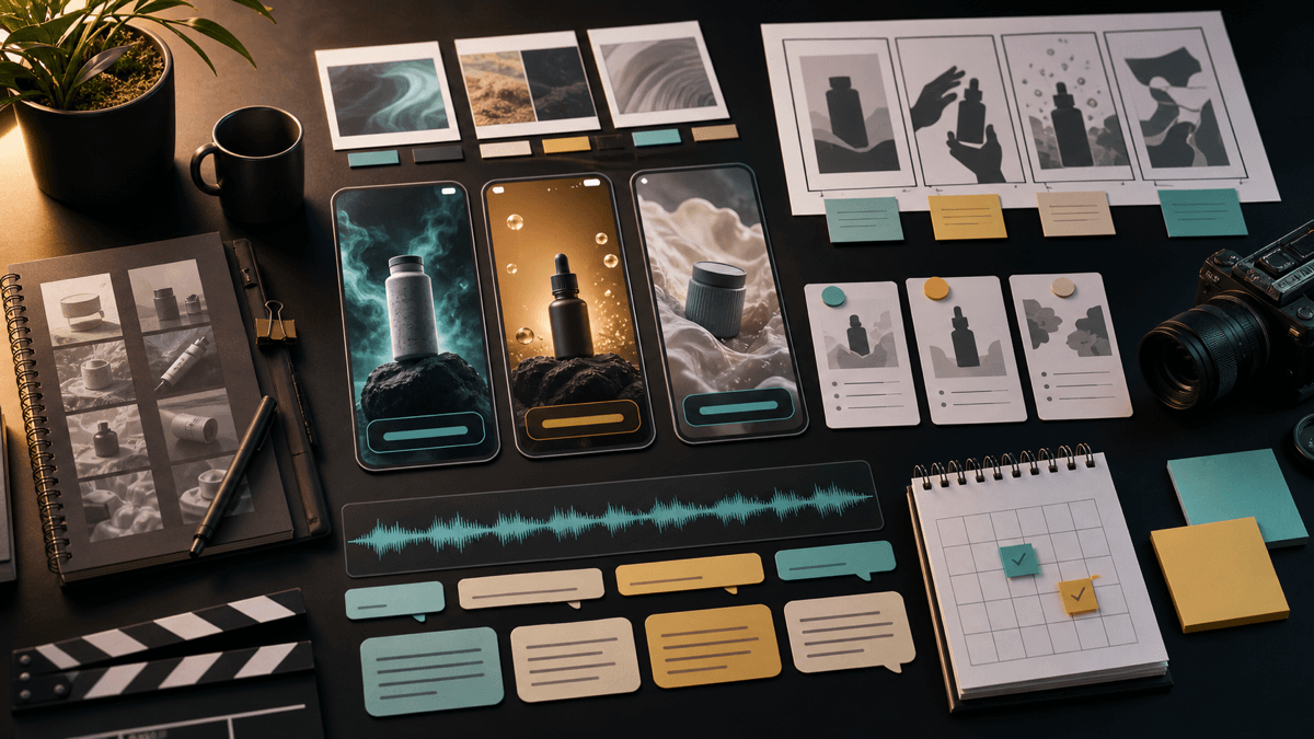Generated editorial image showing a faceless short-form ad workflow with storyboards, voiceover, captions, product visuals, and publishing notes