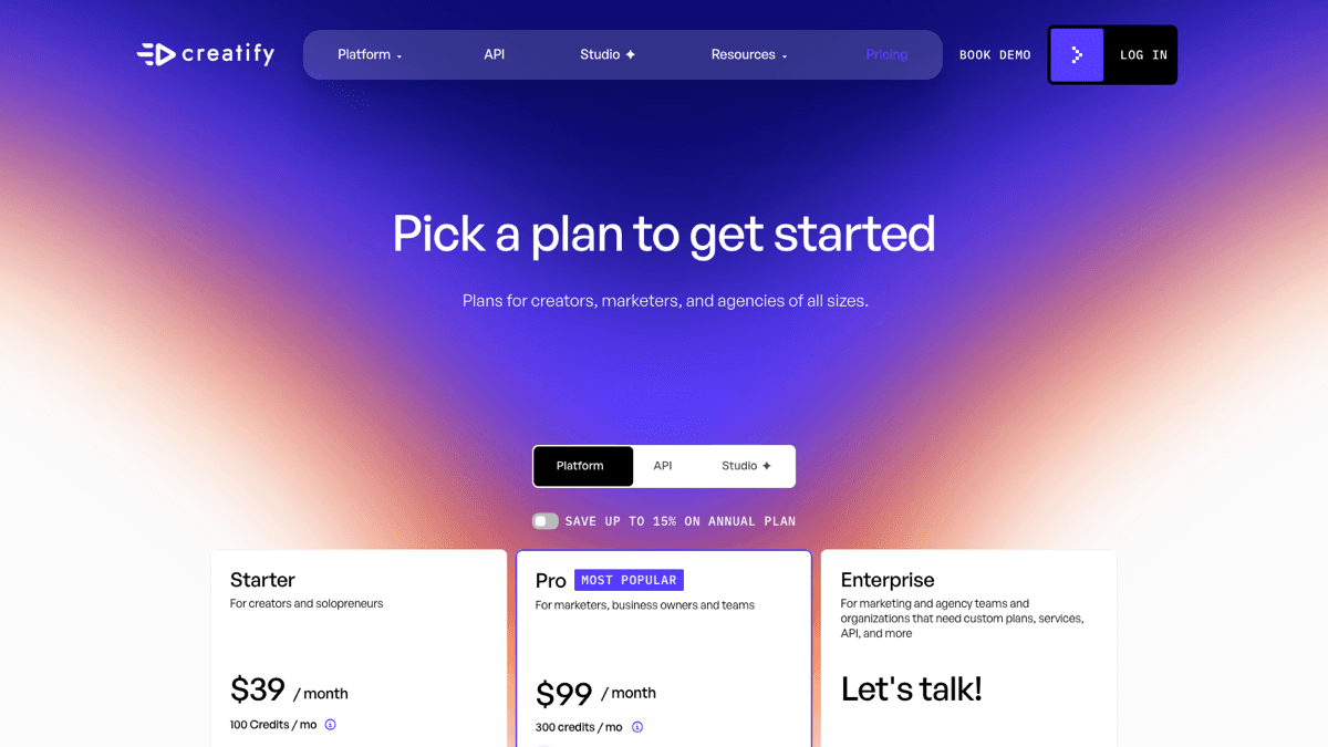 Creatify pricing page showing Starter Pro and Enterprise plan cards checked June 22 2026