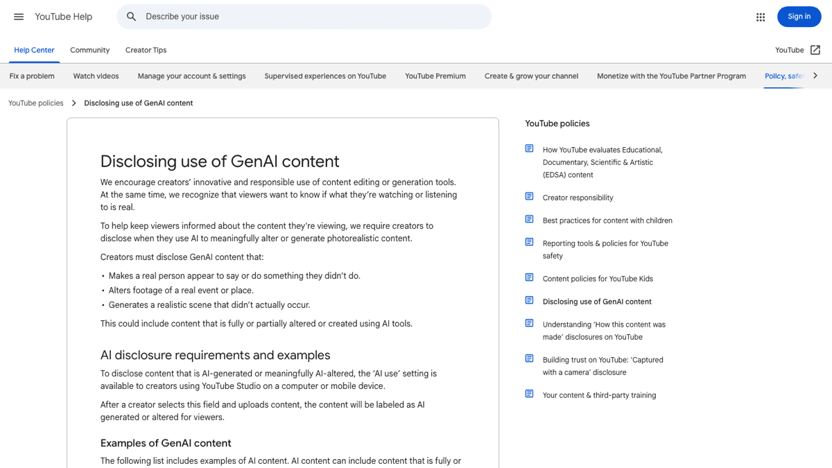 YouTube Help page explaining disclosure guidance for AI-generated or meaningfully altered realistic content