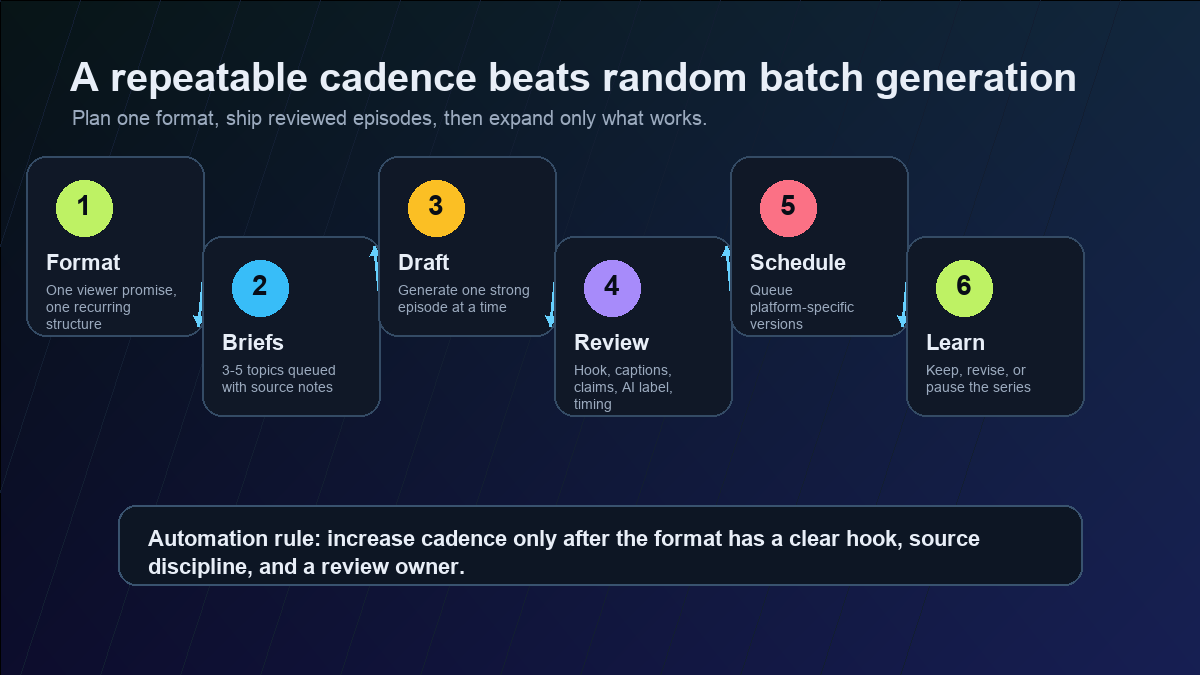 Framework visual showing a six-step cadence for faceless video series automation from format to briefs, draft, review, schedule, and learning