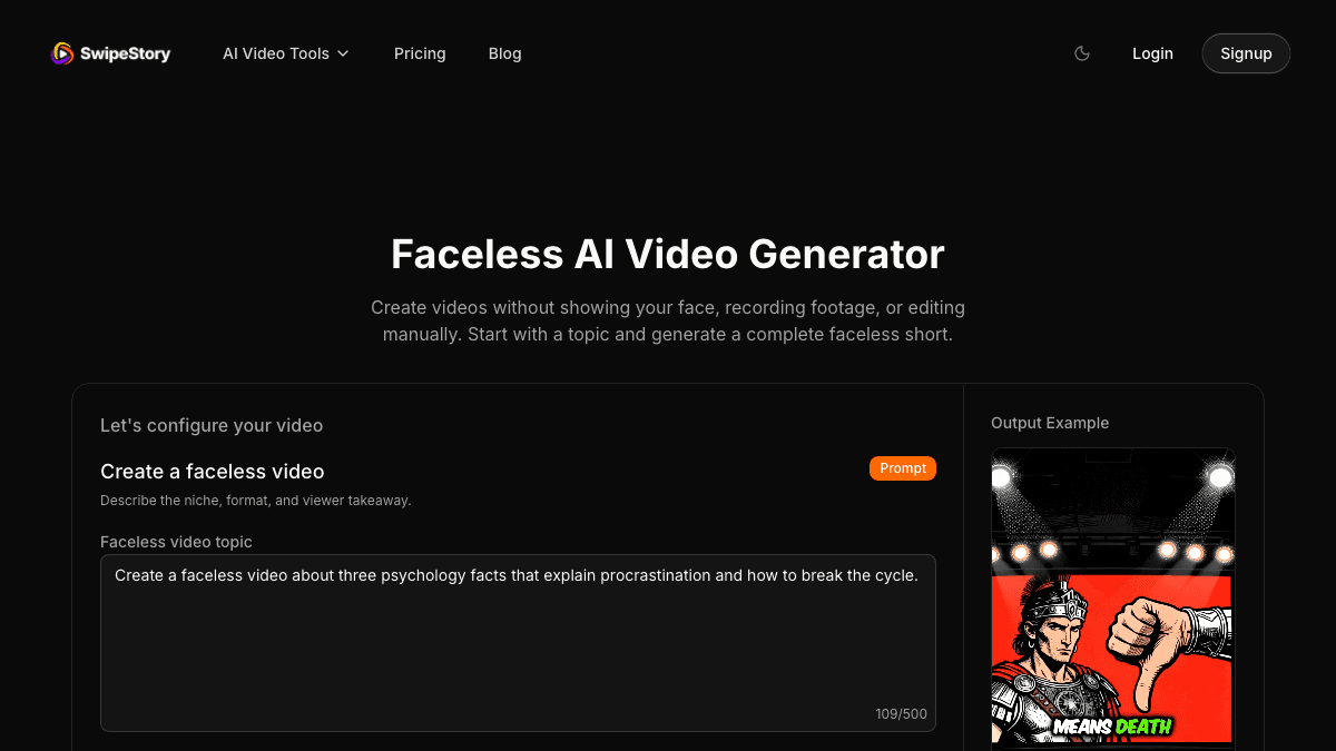 SwipeStory faceless AI video generator page showing a topic input and vertical output example for no-camera videos