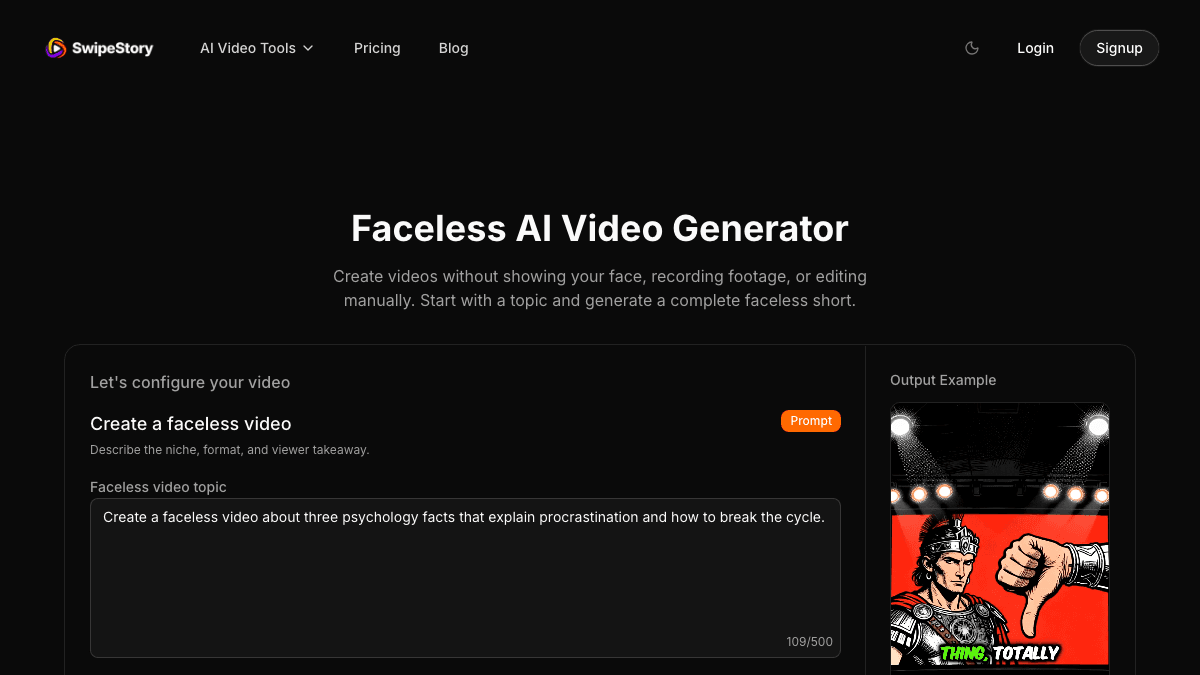 SwipeStory faceless AI video generator page showing topic input and a vertical short output example
