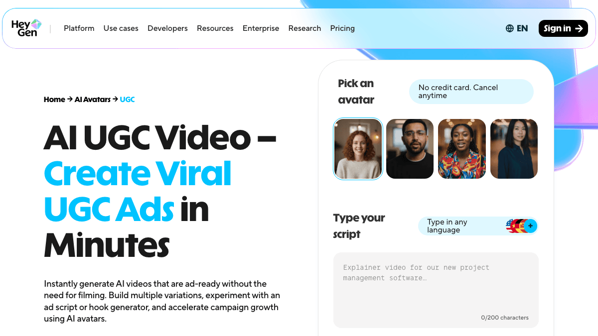 HeyGen AI UGC video page showing avatar selection and script input for creating UGC style ads