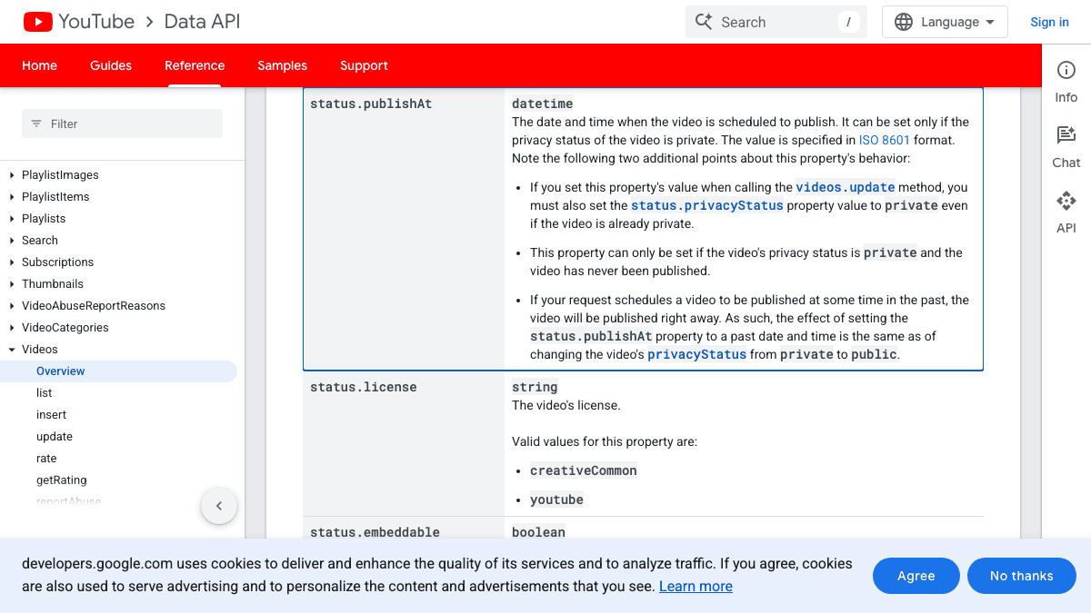 Source-backed YouTube Data API visual showing the status.publishAt scheduling field for private videos