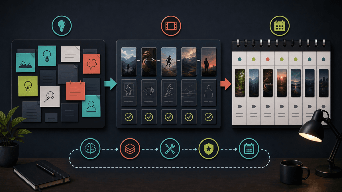 Generated visual showing a sustainable Shorts cadence workflow with idea backlog, weekly batching, review, and scheduled publishing lanes
