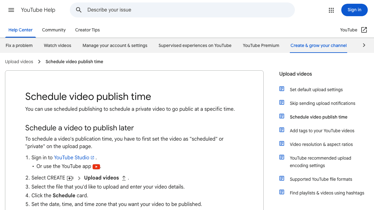 Source-backed YouTube Help visual showing scheduled publishing for a private video going public at a specific time