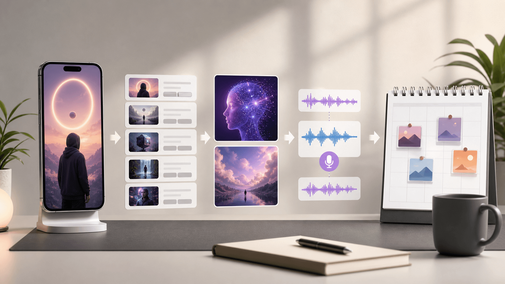 Editorial illustration of an AI faceless video workflow with storyboard frames, voiceover cues, captions, and social publishing cards