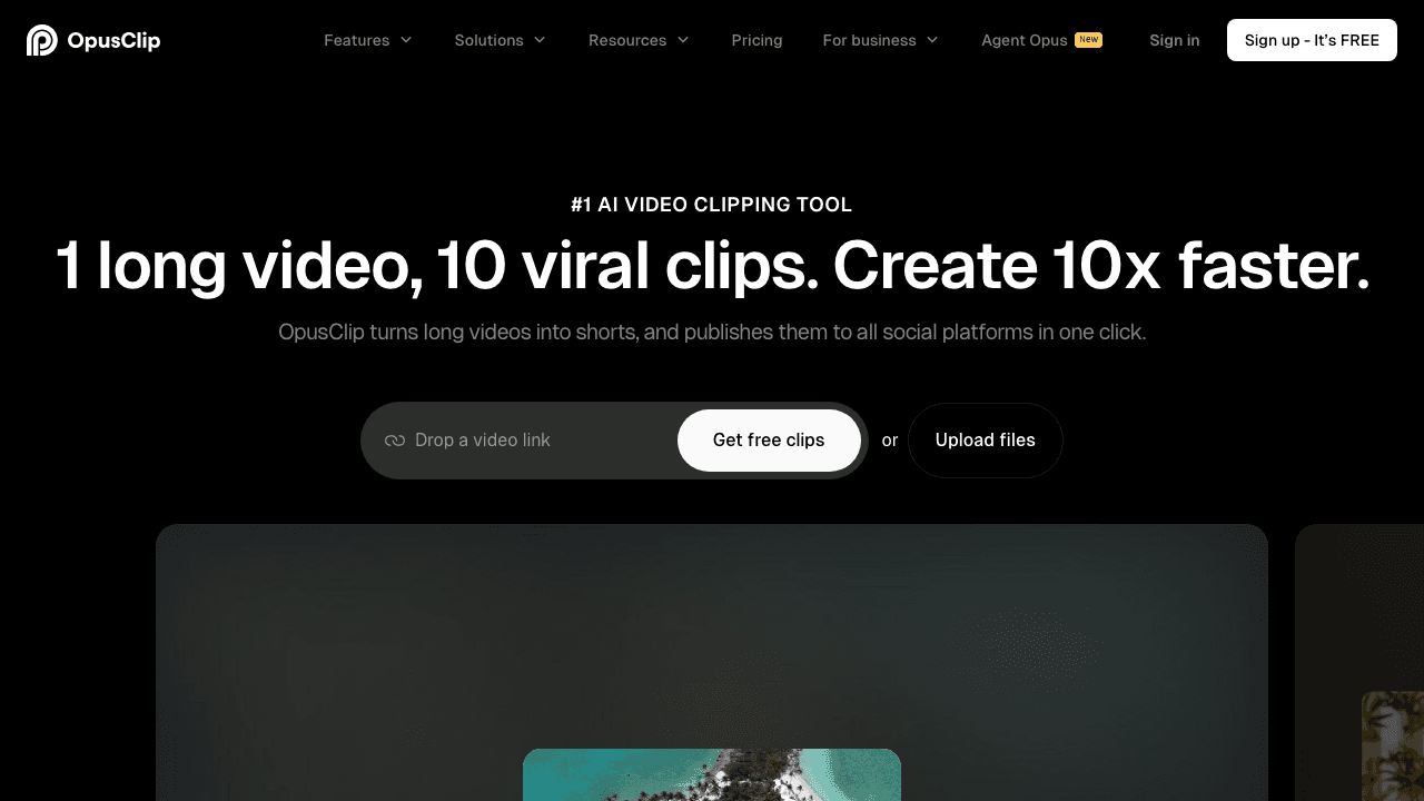 Official OpusClip product screenshot showing its long-video-to-shorts clipping workflow
