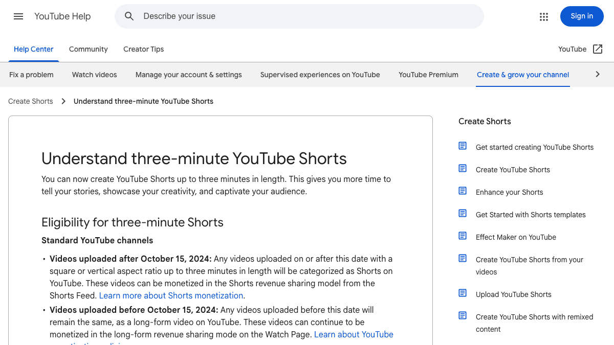 YouTube Help page explaining eligibility for three-minute YouTube Shorts and Content ID limits