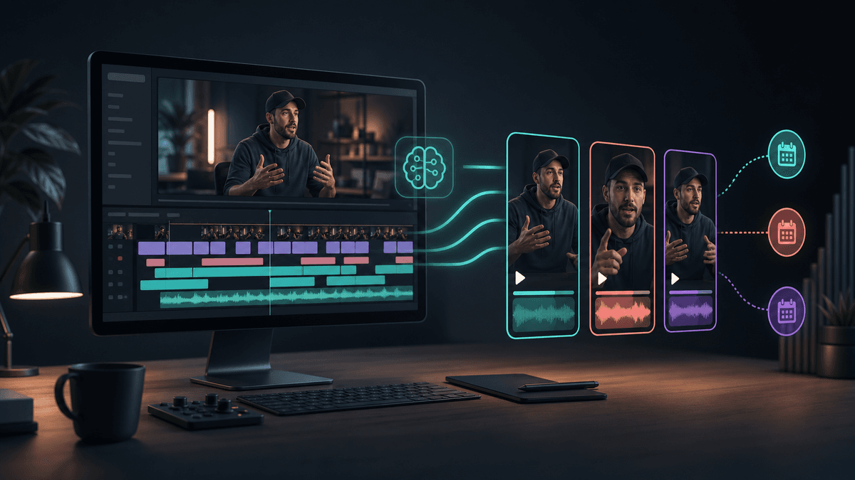 Generated editorial image of long-form video becoming multiple vertical Shorts, TikToks, and Reels with AI
