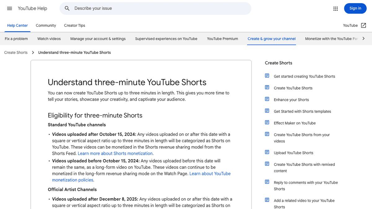 YouTube Help page explaining YouTube Shorts upload length and square or vertical aspect ratio eligibility