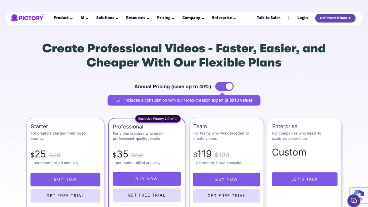 Pictory pricing page showing annual Starter Professional Team and Enterprise plans checked June 18 2026