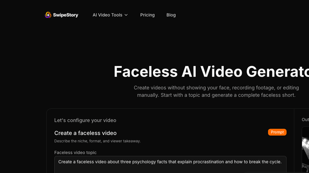 SwipeStory faceless AI video generator interface for creating no-camera short-form videos from a topic