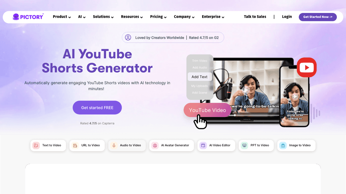Pictory YouTube Shorts generator page showing text to Shorts and long-form video to Shorts workflows