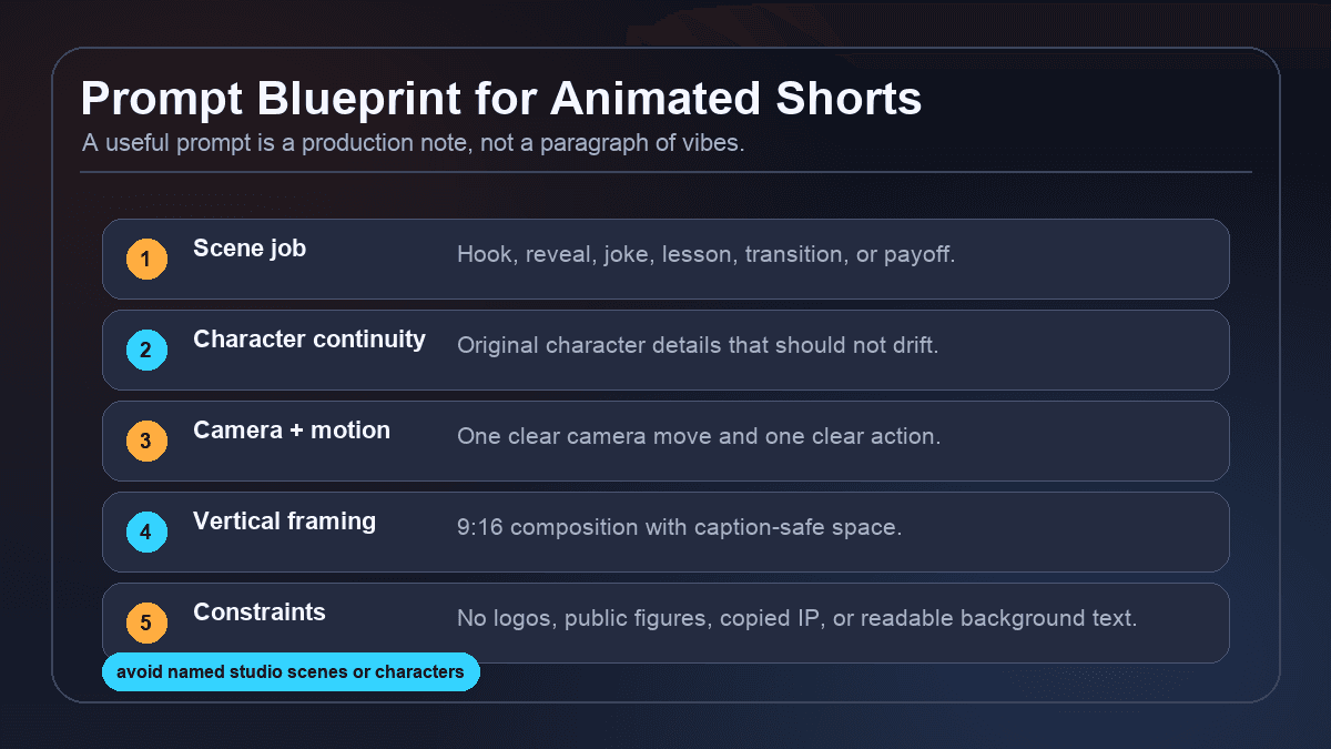 Source-backed visual showing a five-part prompt blueprint for animated Shorts: scene job, character continuity, camera motion, vertical framing, and constraints