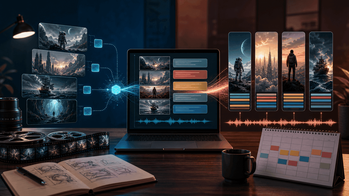 Editorial illustration comparing cinematic AI video generation with a complete short-form publishing workflow