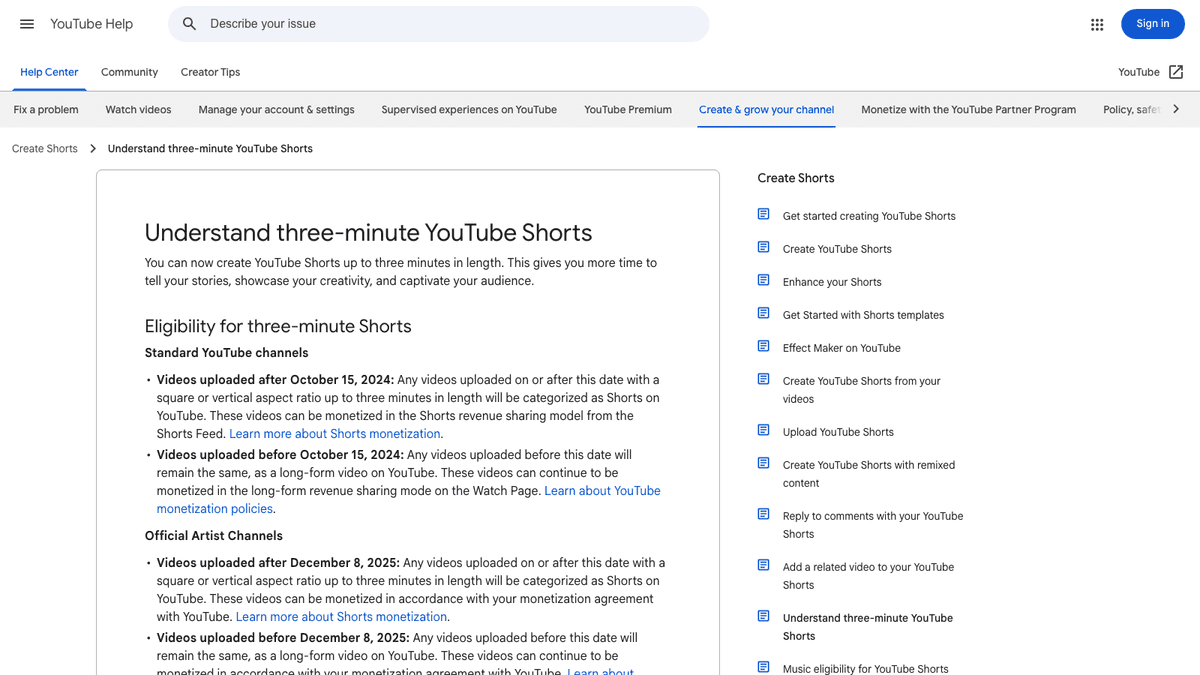 YouTube Help page explaining eligibility for three-minute YouTube Shorts