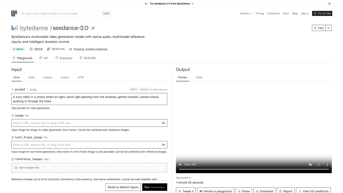 Replicate Seedance 2.0 model page showing prompt inputs and generated video preview controls