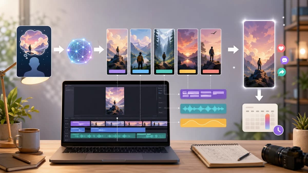 Illustrated workflow showing an AI video clip becoming captioned short-form videos with voiceover, editing, and scheduling