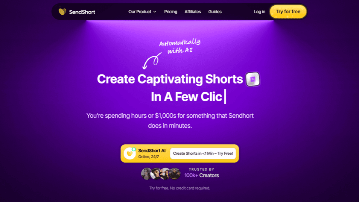SendShort official homepage screenshot showing its AI shorts creation positioning