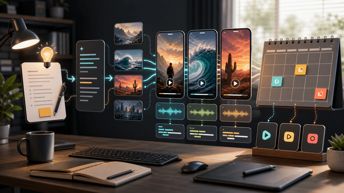 Editorial illustration of an AI short video workflow moving from script and voiceover to scheduled faceless videos