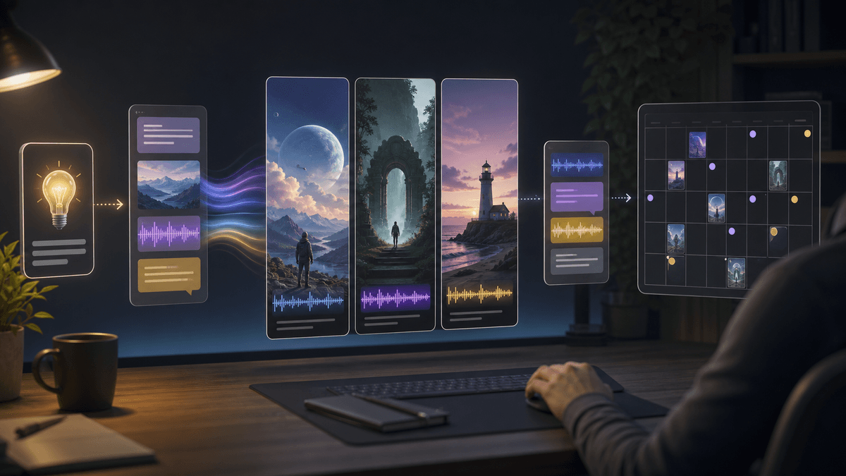 Editorial illustration of a faceless story video workflow moving from prompt to narration, visuals, captions, and scheduled publishing
