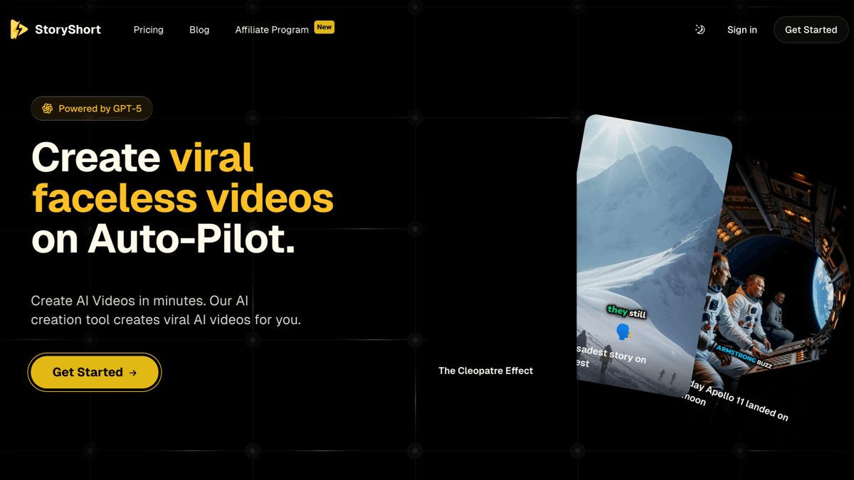 StoryShort official pricing page showing Starter, Growth, Influencer, and Ultra plans for faceless video creation