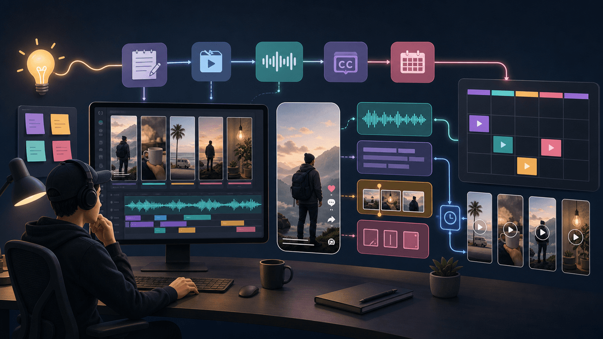 Generated editorial image showing an AI TikTok automation workflow with storyboards, voiceover, captions, scheduling, and a publishing calendar