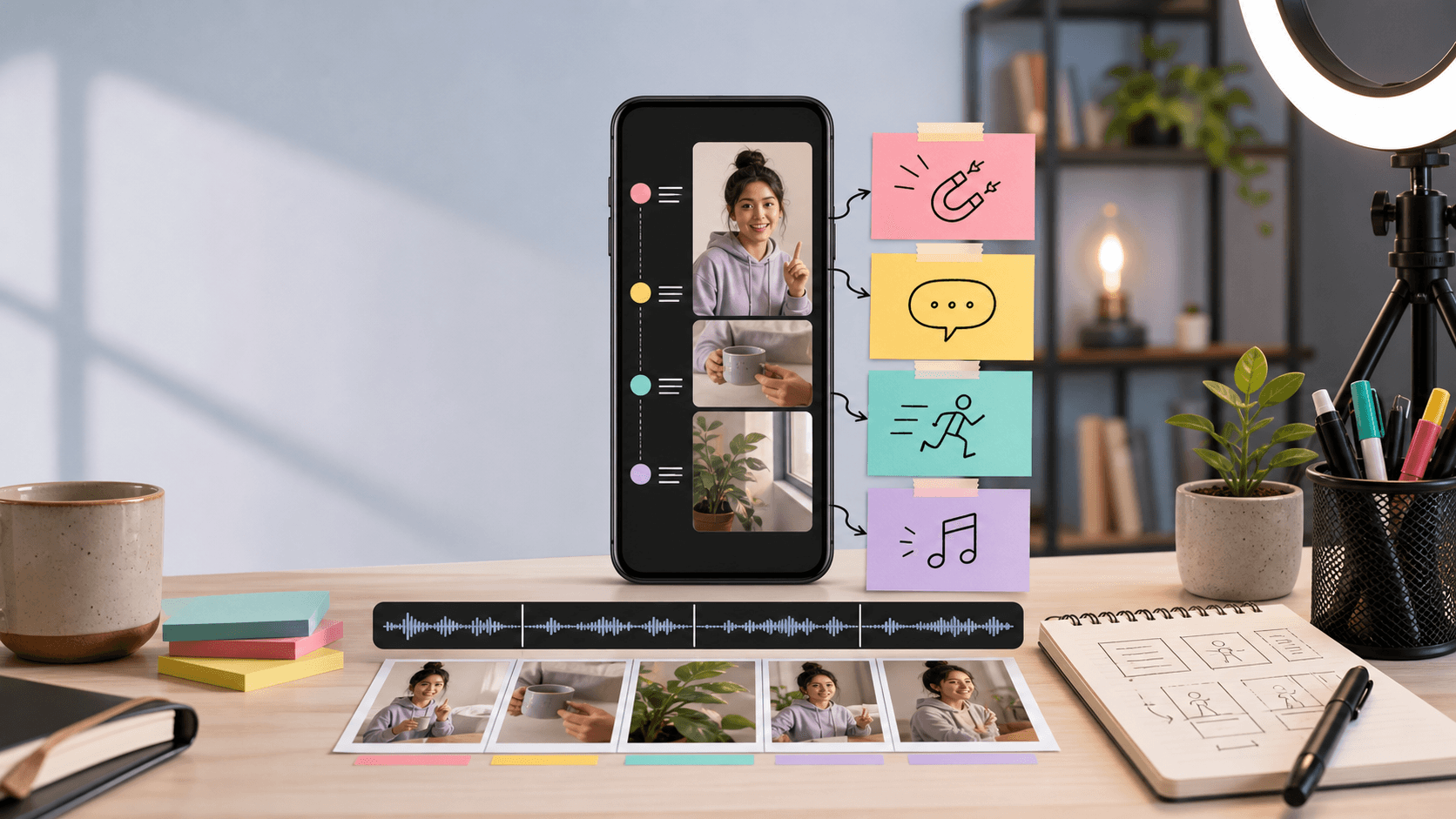 Editorial illustration of a creator desk with a smartphone storyboard, sticky-note hook ideas, waveform audio, captions, and a short-form planning workflow